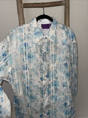 JImi Hendrix Men's Floral Button-Down Shirt in White & Light Blue
